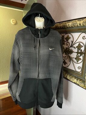 Nike Black & White Grid Swoosh Full Zip Hoodie Sz XL - Blokecore